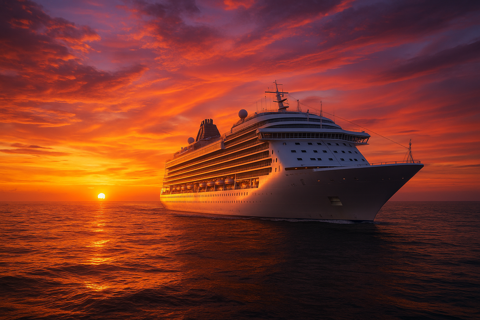 cruise ship sailing into the sunset